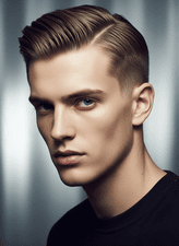 A man in a black shirt features a slick back undercut hairstyle