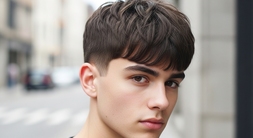 A young man with a short "Curtain Fringe Mod-Crop" haircut stands on a city street, dressed casually
