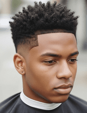 A young man showcasing a low fade hairstyle with medium thick curls.