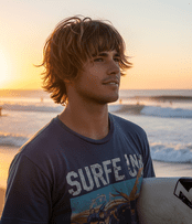 A man with a side part taper hairstyle stands on the beach