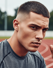 A man with a buzz cut hairstyle wearing a black shirt.