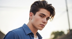 A young man in a denim shirt turns his gaze to the side, featuring a fashionable Bro Flow Mod hairstyle