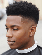 A young man with a curly taper fade hairstyle and black hair,