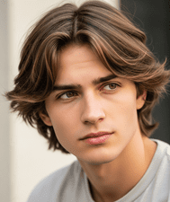 A young man with surfer fringe hairstyle and thin hair, dressed in a white shirt