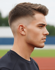 A man in a black shirt sporting a taper fade hairstyle.