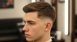 A young man with a shaved haircut is seated in a barber shop, highlighting a stylish mod haircut designed for men