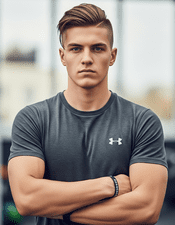 A man with an undercut hairstyle stands with arms crossed in front of a gym.