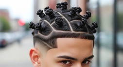 A young man with a bold mohawk hairstyle, representing the Broccoli-Bantu Mod Wave haircut trend for men.