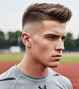 A young man with a shaved head and a high & tight mohawk hairstyle.