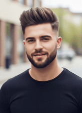 A bearded man in a black shirt, featuring a close-shaved head, representing styles for men with thin hair