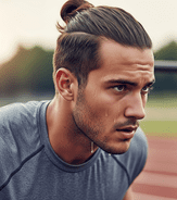 A man with a bun hairstyle stands on a track, focused and ready for a race.