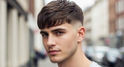 A young man with a short high-fade mod fringe haircut walks along a city street.
