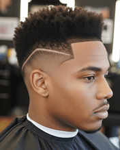 A man features a shaved head with a fade, complemented by a line-up and medium-length afro hairstyle.