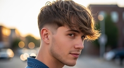 A young man with a short, shaggy mod haircut, exemplifying a trendy and fashionable hairstyle for men.