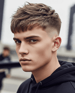 A young man with a textured crop hairstyle and a short haircut.