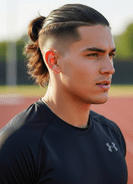  A man with a tapered sides ponytail hairstyle wearing a black 