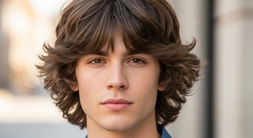 A young man with long, shaggy hair dressed in a blue shirt, representing a contemporary mod haircut style.