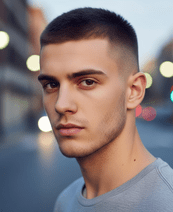 A young man with a Modern Low Pompadour hairstyle