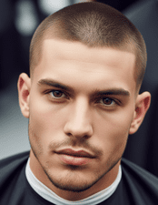 A man wearing a black shirt, featuring a shaved head with a buzz cut, representing a modern hairstyle for thin hair