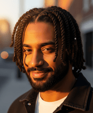 A smiling man with dreadlocks and a beard displays Passion Twists, highlighting a trendy protective hairstyle for men.