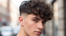 The Mod Haircut for Men- 24 On-trend Hairstyles for Modern Men 2 A young man with a curly fringe and blue shirt, representing a trendy Mod hairstyle for men