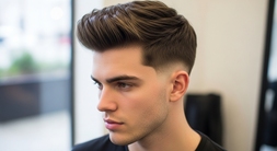 A man with a short, dark brown textured mod quiff hairstyle, exemplifying a contemporary men's haircut