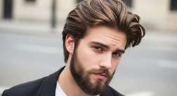 A man with a beard wearing a suit, illustrating the "Bro-Flow Mod with Beard Pairing" hairstyle for modern men
