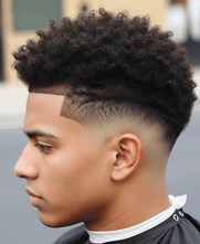 A young man displaying a stylish low fade haircut with short afro curls on top, featuring black hair.