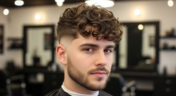 A man with curly hair receiving a Curly Taper Mod" haircut in a stylish barber shop setting.