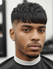 A man with a high taper fringe hairstyle, wearing a black shirt.