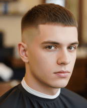 Inside a barber shop, a young man with a shaved crew cut hairstyle is seated, ideal for men with thin hair