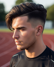 A man with black hair styled in a side-swept undercut, wearing a black shirt