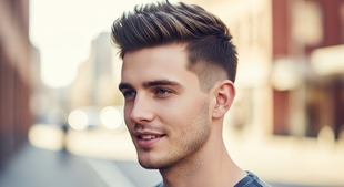 Faux Hawk Haircuts for Men Complete Guide to 32 Fresh Styles 3 A young man with a stylish mohawk haircut poses on the street, highlighting the trendy faux hawk hairstyle for men.
