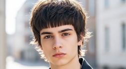 The Mod Haircut for Men- 24 On-trend Hairstyles for Modern Men 4 A young man in a black jacket and shirt, featuring a trendy Mod Haircut for Men with a Wolf Cut Mod Fringe.
