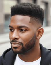 A man with a shaved head and black beard, featuring a stylish Crop French haircut with a taper fade.