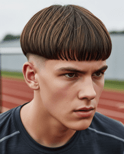 A man with an athletic bowl cut hairstyle