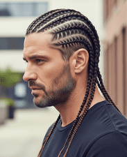 A man with long, braided hair in a knotless fishtail style, representing a popular protective hairstyle for men.