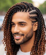 A man with long hair in twist braids, demonstrating a stylish protective hairstyle for men
