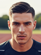 A man with a neatly styled short haircut looks.