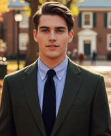 A young man in a suit and tie with an Ivy League hairstyle