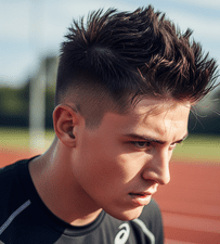 A man with a vibrant spiky mohawk poses on a track, embodying a dynamic and sporty aesthetic.