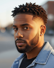 A man wearing a denim jacket, featuring short locs with a fade, representing a trendy protective hairstyle for men.