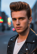 A young man with a quiff hairstyle in a leather jacket