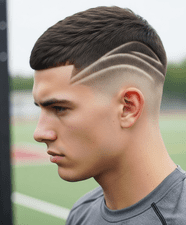 A young man features a shaved head with a fade, styled in an athletic crew cut design