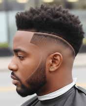 A man sporting a black taper fade haircut with an asymmetrical style and a well-groomed beard.