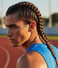 A young man with a shaved head and fade hairstyle, showcasing a fishtail braid at the back.