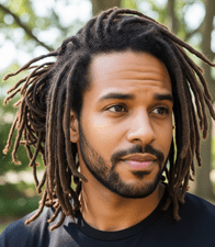 A man with dreadlocks relaxes in the park, highlighting the trend of protective hairstyles for men