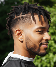 A man with dreadlocks in a barber shop features tapered locs, representing stylish protective hairstyles for men.