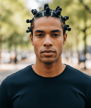 A man with dreadlocks, featuring Bantu knots as a protective hairstyle for men.