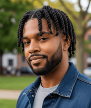 A man in a blue shirt with dreadlocks, demonstrating Sponge Twists, a popular protective hairstyle for men.